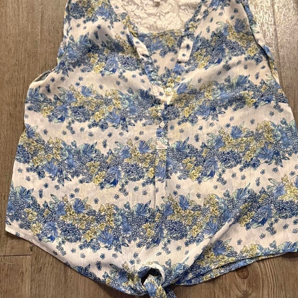 Vintage y2k 2000s boho Candie's lace blue floral tie front‎ blouse Size XL